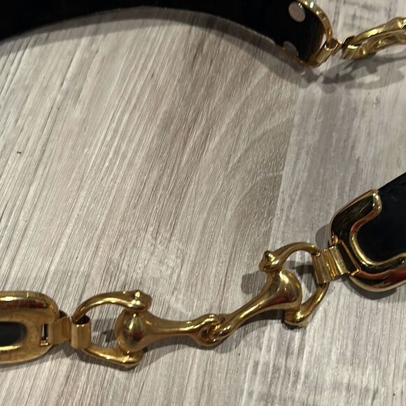 Vintage black leather Horse bit snaffle black and gold belt - Picture 2 of 11